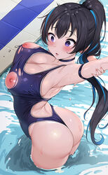 1girls areola areolae armpits arms_up ass bangs big_ass big_butt black_hair blue_hair blue_swimsuit blush breasts clavicle cleavage cowboy_shot cute dat_ass exposed_breasts female female_only hair_between_eyes hi_res high_resolution highleg highleg_swimsuit highres large_breasts long_hair multicolored_hair nail_polish nipples oc one-piece_swimsuit one-piece_thong open_mouth original original_character outdoors partially_submerged pink_nails ponytail pool purple_eyes ripped_clothing solo solo_female standing streaked_hair stretch swimsuit tem10 thong tied_hair tongue twisted_torso two-tone_hair water wide_hips