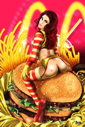 ayatonas big_mac fries garter_belt genderswap_(mtf) gloves green_eyes hamburger hamburglar long_hair mcdonald's red_hair ronald_mcdonald rule_63 sesame_seed_bun soft_drink striped striped_clothing striped_thighhighs