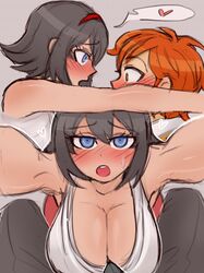 1boy 1girls big_breasts black_hair blush danganronpa danganronpa_another erection fanganronpa hatano_ayame headband horny kabedon maeda_yuki orange_hair raydeluxxxe smooth_skin