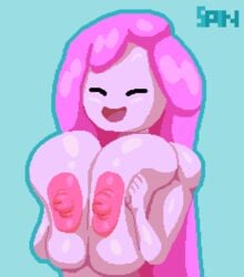 2020 :d adventure_time big_breasts big_nipples blue_background breast_press breast_squeeze breast_squish breasts breasts_bigger_than_head breasts_out cartoon_network closed_eyes happy large_areolae large_breasts long_hair lowres open_mouth outline pink_hair pink_nipples pink_skin pixel_art png princess_bubblegum shiny_skin smile smiling spinneborg squeezing squeezing_breast tongue watermark