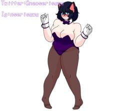 big_breasts big_butt black_hair blue_eyes blush breasts_squeeze bunnysuit cat_ears chubby_female english_text gloves neo_serisawa neo_serisawa(oc) text thick_thighs white_background