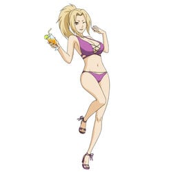 1girls 2d aged_down bare_legs bare_shoulders belly bikini blonde_hair breasts brown_eyes cleavage collarbone cup drinking_glass drinking_straw fat_breasts female female_only flat_belly food fruit fully_clothed high_heels huge_breasts leg_up legs lemon lemon_slice looking_at_viewer nail_polish naruto naruto_shippuden navel official_alternate_costume official_art one_eye_closed ponytail purple_bikini red_nails smile solo solo_female swimsuit toenail_polish toenails toes tsunade white_background wink young_tsunade