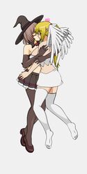 angel angel_girl_x angel_wings animated black_clothing darkhen1410 feet gif hearts holding hug kissing koooon_soft koooonsoft_angel_girl koooonsoft_witch_girl love pointy_ears white_background white_clothing white_legwear witch_hat yellow_hair yuri