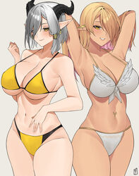 2girls armpits arms_behind_head bangs bare_arms bare_legs bare_midriff bare_shoulders bare_thighs belly_button belly_piercing bikini blonde_hair dark-skinned_female dark_skin ear_piercing elf elf_ears elf_female feathered_wings feathers front-tie_bikini golden_eyes grey_hair gyaru hair_between_eyes hair_over_one_eye hand_on_hip hands_behind_head horn horns large_breasts lilycious long_hair looking_down nipple_bulge pink_hair pointed_ears pointy_ears short_hair sideboob smile tagme tan_skin toned toned_body toned_female two_tone_hair underboob white_background white_bikini yellow_bikini