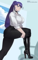 1girls big_breasts blue_eyes boots breasts fate/grand_order fate_(series) female femdom fully_clothed gentle_femdom gentle_mommy high_heel_boots high_heels long_hair office office_lady pants ponytail purple_hair saint_martha salazr4 secretary solo teasing thick_thighs tight_pants