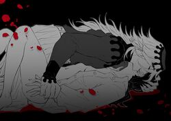 1boy 1girls black_background bottomless clothed_sex clothing demon_boy demon_slayer douma ear_licking faceless_female female hakogardenmiko hand_on_another's_head implied_sex kimetsu_no_yaiba licking_ear long_hair_male male missionary_position monochrome open_shirt petals sharp_fingernails thick_eyebrows tight_clothing wrist_grab