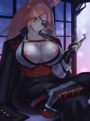 baiken boots breasts eye_patch femdom gentle_femdom gentle_mommy guilty_gear heels high_heel_boots high_heels kiseru lace-up_boots laced_boots nipples pants salazr4 smoking teasing thighs