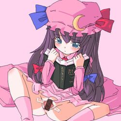 1girls 2d akihara_nakuru blue_eyes book bow eyebrows_visible_through_hair female_urethra gaping_pussy gaping_urethra hat long_hair lowres patchouli_knowledge purple_hair pussy pussy_tape reading reading_book socks solo tears touhou vagina