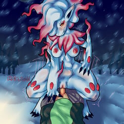 1boy 1girls anthro canine draw drawing fantasy female fox furry ghost hisuian_zoroark male newa(nihilish) nihilishn nintendo outdoors penetration pokemon pokemon_(species) pokemon_legends:_arceus pussy snow snowing thick_thighs vaginal_penetration video_games zoroark