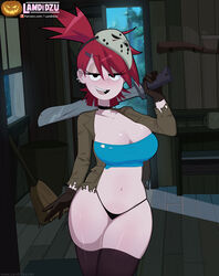 1girls axe belly big_breasts black_choker black_thong blush breasts broom brown_gloves brown_legwear brown_thighhighs cabin cartoon_network cleavage clothed clothing coffee_mug cosplay costume cowboy_shot curvaceous curvy detailed_background digital_media_(artwork) ear_piercing earrings eyebrows_visible_through_hair eyelashes eyeshadow facing_viewer fair-skinned_female fair_skin female female_only foster's_home_for_imaginary_friends frankie_foster friday_the_13th gloves hair hairclip half-closed_eyes halloween halloween_costume headwear hi_res high_ponytail hockey_mask holding_weapon indoors inside jacket jason_voorhees_(cosplay) landidzu large_breasts light-skinned_female light_blush light_skin looking_at_viewer machete mask mask_on_head medium_breasts navel night no_bra open_mouth open_smile panties red_hair running_bond seductive_look seductive_smile shiny_skin skindentation solo standing teeth thick_thighs thighhighs thighs thong thunder_thighs tongue torn_jacket tubetop watermark weapon wide_hips wooden_floor