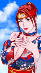 1girls actress anri_okita bangle brown_eyes female kunoichi large_breasts lipstick red_hair solo supernova_(artist)