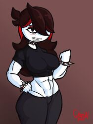 1girls abs alternate_clothing alternate_hairstyle brown_background brown_hair choker clenched_fist clenched_teeth crop_top exposed_stomach eyeliner female fit_female ghastlypann goth gothified hair_over_one_eye hand_on_hip happy happy_female horny_female intimidation jaiden jaiden_animations medium_hair red_highlights signature spiked_bracelet spiked_collar spikes streaked_hair tank_top tight_clothing white_skin youtube