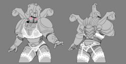 1boy armor ass ass_focus back_view blush chaos_(warhammer) chaos_space_marine greyscale heart lewdbees_(artist) lingerie masked masked_male thousand_sons warhammer_(franchise) warhammer_40k white_lingerie