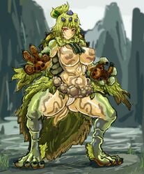 1girls 2021 big_breasts capcom covered_nipples gijinka green_hair huge_breasts koburatuisut monster_girl monster_hunter monster_hunter_rise red_eyes shrine_ruins_(map) solo solo_female source_request tagme tetranadon thick thick_thighs topless