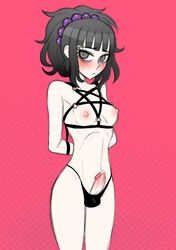 1futa black_eyes black_hair blush breasts danganronpa danganronpa_another fanganronpa futanari goth hair_ornament kurokawa_mikako light_bondage penis ponytail precum raydeluxxxe small_breasts straight_hair underwear