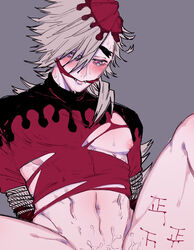 arms_behind_back arms_tied blood blush bodily_fluids bottomless demon_slayer douma fangs gag gagged kimetsu_no_yaiba male male_only multicolored_hair muscular muscular_male rainbow_eyes restrained reverse_ryona ripped_clothing scratches solo spiky_hair spread_legs sweat tally_marks thick_eyebrows tight_clothing torn_clothes