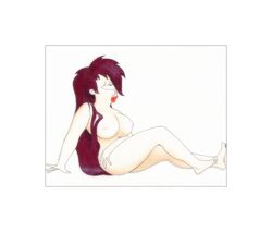 1_eye 2000 alien cyclops erect_nipples eyelashes female futurama large_breasts lipstick long_hair nude purple_hair rockoqatsi sitting solo tasteful_nudity traditional_media_(artwork) turanga_leela very_long_hair white_background