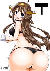 1girls artist_request ass ass_focus back_view big_ass black_thong blue_eyes brown_hair curvy female female_only kantai_collection kongou_(kantai_collection) lingerie long_hair looking_back narrow_shoulders petite solo tea thick_thighs thin_arms thin_waist thong underwear wide_hips