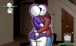 1boy1girl ass ass_focus ass_grab bald bald_female bald_male black_eyes breasts chetoh claire_(chetoh) couple donation donation_goal donation_message doorway egg eggmale female hoodie jeans making_out male oc original original_character original_characters panties photo_background purple_panties purple_shirt red_hoodie shirt stream streaming thighs white_body