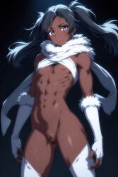 ai_generated ai_hands black_hair blush boy breasts confused confused_look confusion dark_skin eyebrows female female_but_boy fingerless_gloves front_view frown frowning frowning_at_viewer fur_clothing gloves gray_eyes half_naked half_nude muscular naked nipples original original_character original_characters pussy skinny sleeves slim slim_waist socks solo standing thick_thighs thighs thin thin_waist twintails vagina white_gloves white_sleeves white_socks
