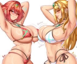 2girls anisdrawn armpits arms_up bare_shoulders big_ass big_breasts bikini blonde_hair blush breasts chest_jewel choker cleavage closed_mouth core_crystal_(xenoblade) female gem headpiece hi_res highres jewelry large_breasts light-skinned_female light_skin long_hair looking_at_viewer mythra mythra_(xenoblade) nintendo one_eye_closed pyra red_eyes red_hair smile solo sweat swept_bangs swimsuit thighs tiara very_long_hair white_background white_bikini wide_hips xenoblade_(series) xenoblade_chronicles_(series) xenoblade_chronicles_2 yellow_eyes