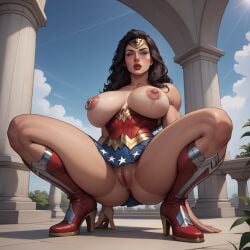 2d ai_generated arm_guards black_hair blue_eyes blue_skirt blue_sky blush boots breasts corset darkmage1880 dc dc_comics exposed_breasts exposed_pussy female greek_architecture headband heel_boots heels high_heels horny large_breasts legwear light-skinned_female light_skin low-angle_view massive_breasts metal_boots muscular nipple_rings oiled_skin pussy red_boots red_corset red_legwear red_lips red_lipstick shiny_skin squatting squatting_female thick_thighs tiara topless vagina white_skin wonder_woman wonder_woman_(series) wonder_woman_outfit