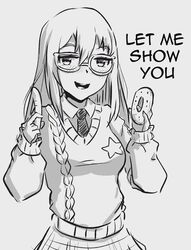 big_breasts black_and_white glasses idol long_hair nyaru school_uniform sexually_suggestive virtual_youtuber