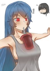 ! 1boy 1boy1girl 1girls apron big_breasts black_eyes black_hair blue_hair breasts drinking ebel_(pugatory) ebel_alfie enri_(purgatory) enri_louvre long_hair no_bra omake_mix purgatory_(series) purgatory_2 red_eyes sideboob simple_background sketch tagme text