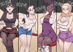 4girls 4koma aaliyah_(biku) arms_crossed arms_crossed_under_breasts barbara_(biku) bare_shoulders biku black_boots black_collar black_footwear black_hair black_nails black_pantyhose black_shirt bladder_bulge blonde_female blonde_hair blue_earrings blue_eyes blush boots bow bow_panties bra bra_peek bra_strap bra_visible_through_clothes breasts brown_eyes cleavage collar cross_earrings deborah_(biku) denim denim_shorts denim_skirt dress earrings elena_(biku) eyewear eyewear_on_head female female_only gold_jewelry gold_necklace hand_on_hip hand_on_own_hip have_to_pee hoop_earrings jacket jacket_open jewelry large_breasts lipstick long_hair long_sleeves mole mole_under_eye multiple_girls multiple_necklaces necklace necklaces need_to_pee open_clothes open_fly open_jacket orange_bra orange_panties original original_character panties panties_under_pantyhose pantyhose pantyshot pantyshot_(sitting) pantyshot_(standing) pink_bra pink_nails pink_panties plaid plaid_skirt purple_bea purple_bra purple_dress purple_skirt shiny_skin shirt short_hair short_jacket short_sleeves shorts sitting_on_stool skirt spiked_collar stool sunglasses sunglasses_on_head sweat tank_top thick_thighs thighband_pantyhose thighs timer underwear urine_meter white_boots white_earrings white_footwear white_jacket white_panties white_shirt white_tank_top