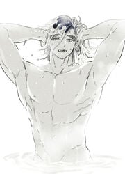 arms_behind_head arms_up bath bathing demon_slayer douma fangs half-closed_eyes hands_on_head kimetsu_no_yaiba kureten looking_at_viewer male male_only monochrome muscular muscular_male nude solo thick_eyebrows water wet wet_hair