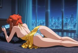 1girls ai_generated apartment ass asuka_langley_sohryu back backboob backless_dress backless_outfit bare_arms bare_legs black_pillow breasts building buildings cameltoe carpet city city_background cityscape civitai facing_away female floor hair_ornament halter_dress handheld_game_console holding_object indoors kneepits long_hair looking_away lying lying_on_stomach neon_genesis_evangelion night night_sky on_stomach orange_hair painting painting_(object) panties partially_visible_vulva pillow playing_videogame pussy round_ass ruffled_dress ruffles short_dress shoulder_blades sky sleeveless small_breasts striped striped_panties teen teenage_girl teenager thigh_gap thighs trefoil two_side_up vulva wall wall_(structure) window yellow_dress