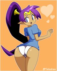 ass blue_eyes clothed clothing female from_behind long_hair no_pants panties pointy_ears ponytail purple_hair shantae shantae_(character) shirt sideboob smooth_skin solo standing teliodraw thighs white_panties