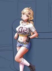 1girls blonde_hair clothing joachim pinup shirli_(tower_of_fantasy) shorts smile socks tied_shirt tower_of_fantasy