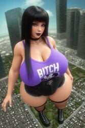ai_generated black_boots black_hair black_jean_shorts black_lips broad_shoulders bulge female fishnet_stockings giant_female gothic hallie_(thekid) high-angle_view perchance_ai purple_eyes purple_tank_top straight_bangs towering voluptuous