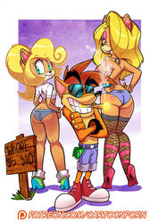 1boy 2girls 2girls1boy activision anthro ass being_sold bikini bikini_top blonde_hair booty_shorts butt_crack cartoonporn coco_bandicoot crash_(series) crash_bandicoot crash_bandicoot_(series) female fishnets fur furry heart high_heels male prostitution skimpy string_bikini sunglasses tawna_bandicoot