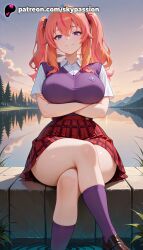 1girls 2025 2d agatsuma_makina ai_assisted ai_generated anime artist_name bangs big_breasts big_chest blush breast breasts bush bust busty checkered_skirt chest cloud cloudy_sky crossed_arms crossed_legs dusk evening explicit eyebrows_visible_through_hair female gradient_sky grass hi_res high_quality high_resolution highres horizon kakushite!_makina-san!! large_breasts leaf loafers long_hair looking_at_viewer mountain mountainous_horizon ocean orange_sky outdoors palm_leaf palm_tree patreon patreon_username plaid plaid_dress plaid_skirt plant potted_plant purple_eyes purple_legwear purple_sky red_skirt red_sky school_uniform shirt shoes sitting skirt sky skypassion smile soaking_feet socks solo stable_diffusion sun sunset tagme tree twilight water watermark white_shirt