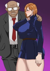 1boy 1girls age_difference big_breasts blush breasts brown_eyes brown_hair cyberboi eye_contact fat_man female full_body huge_breasts jujutsu_kaisen kugisaki_nobara large_breasts looking_at_viewer male old_man older_male older_man_and_teenage_girl standing teenage_girl teenager thick_thighs tight_clothing ugly ugly_bastard younger_female