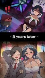 !! 1boy 1girls age_difference alternate_costume ass before_and_after big_ass big_breasts big_butt big_thighs black_hair breasts calem_(pokemon) church cleavage closed_eyes drasna_(pokemon) female happy happy_female heart horns husband husband_and_wife long_hair love male marriage necklace older_female pokemon smile suit suit_and_tie tagme thighs time_skip wedding wedding_dress wedding_suit wedding_veil wholesome wife younger_male
