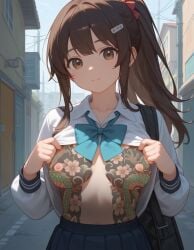 ai ai_generated alley alleyway breasts brown_eyes brown_hair clothed female flashing flashing_breast flashing_breasts irezumi japanese japanese_tattoo klaiialk pony_tail ponytail school_uniform schoolgirl schoolgirl_uniform stomach_tattoo tattoo tattoo_on_breast tattooed_belly tattooed_breast tattooed_female tattoos tits_out