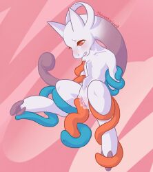 3_toes anthro blush bodily_fluids bound clenched_teeth feet female generation_6_pokemon genitals legendary_pokemon looking_down mega_evolution mega_mewtwo mega_mewtwo_y nintendo pokemon pokemon_(species) pussy red_eyes restrained restrained_by_tentacles rubbing_pussy slim teeth tentacle thrussywizard toes vulva white_body