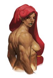 1girls bare_back big_nose blue_lipstick breasts breath_of_the_wild brown_skin bust gerudo long_hair looking_back muscles muscular muscular_female nipples pointy_ears proofspice red_hair small_breasts solo the_legend_of_zelda thick_eyebrows tied_hair topless urbosa white_background