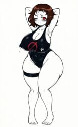 1girl ai_generated armpits arms_behind_head ass_visible_through_thighs barefoot blush breasts closed_mouth covered_erect_nipples female full_body huge_ass huge_breasts knees_together_feet_apart lactation lactation_through_clothes milk_chan milk_outside_a_bag_of_milk_outside_a_bag_of_milk one_eye_closed sketch solo stable_diffusion standing thick_thighs thigh_strap wide_hips worried