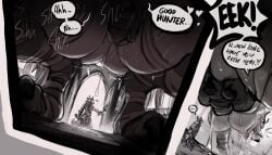 anthro anthro_focus antlers beast_(bloodborne) big_breasts blindfold bloodborne bodily_fluids breasts canid canine caught_in_the_act caught_masturbating claws crouching dialogue duo female female_focus fromsoftware genital_fluids genitals giantess hi_res holding_melee_weapon holding_object holding_weapon horn human larger_female leg_wraps macro_female male mammal masturbation melee_weapon sharp_teeth size_difference smaller_male sony_corporation sony_interactive_entertainment speech_bubble teeth the_hunter_(bloodborne) thesociallyawkwardpinguin thick_thighs vaginal vaginal_fluids vaginal_masturbation vicar_amelia vulva weapon wraps