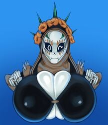 1girls 2d 2d_(artwork) 2d_artwork 5_fingers algo_original background big_boobs big_breasts big_tits blue_background boob_window boobs breasts catrina_(fortnite) dia_de_los_muertos digital_art digital_drawing digital_drawing_(artwork) digital_media digital_media_(artwork) digital_painting_(artwork) eyelashes eyes female fingers flowers fortnite highres one_eye_closed simple_background skeleton solo tits white_body