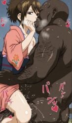 1boy 1boy1girl 1girls 2d ai_generated bald brown_eyes brown_hair clothed clothed_female clothed_female_nude_male clothing dark-skinned_male dark_skin faceless_male fat fat_male female fluids gintama hairy hairy_male heart high_ponytail interracial interracial_sex japanese_clothes japanese_clothing japanese_female kimono kissing kissing looking_at_viewer male male/female nude_male onomatopoeia penetration ponytail quietns riding riding_penis saliva sex shimura_tae sitting sitting_on_penis sitting_on_person straight sweat sweating vaginal_penetration yukata