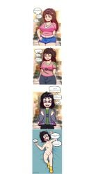 2koma big_breasts blue_eyes blush breasts breasts_shrinking cleavage crop_top denim_shorts female freckles freckles_on_face freckles_on_shoulders glasses imminent_sex lisp nerd nerdification nerdy_female nervous nervous_expression nervous_face nervous_smile nervous_sweat on_back on_bed pikachu pussy small_breasts socks socks_only talking_to_viewer vagina zipher0null