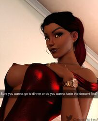 1girls 3d breasts brown_eyes caladdicted calamity_(fortnite) dark-skinned_female dark_skin dress earrings elegant_dress eyebrows eyelashes eyeshadow female female_only fortnite fortnite:_battle_royale hands_on_breasts lipstick long_hair looking_at_viewer nipples ponytail red_dress seductive solo solo_female source_request tagme teasing two_tone_hair