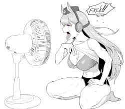 1girls big_breasts black_and_white bra breasts english english_text fan female gold_ship_(umamusume) large_breasts long_hair long_hair_female purple_eyes radon1014 shirt_lift solo solo_female sweat sweating text text_bubble tongue tongue_out umamusume