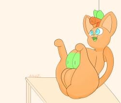 alpog21_(artist) big_breasts big_pussy blue_eyes breasts busty_feral ears_up female feral furniture genitals green_nipples green_nose happy hi_res leaf leaning_on_wall nipples open_mouth orange_body orange_breasts orange_ears orange_head orange_legs orange_tail orange_vulva plump_labia presenting presenting_vulva pussy solo spread_legs spreading stem stem_on_head table tail trod vulva