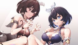 1girls asc11 big_breasts black_hair blue_eyes blue_hair blush breasts brown_hair cleavage honkai_impact_3rd multicolored_hair red_eyes red_hair revealing_clothes seele_vollerei veliona